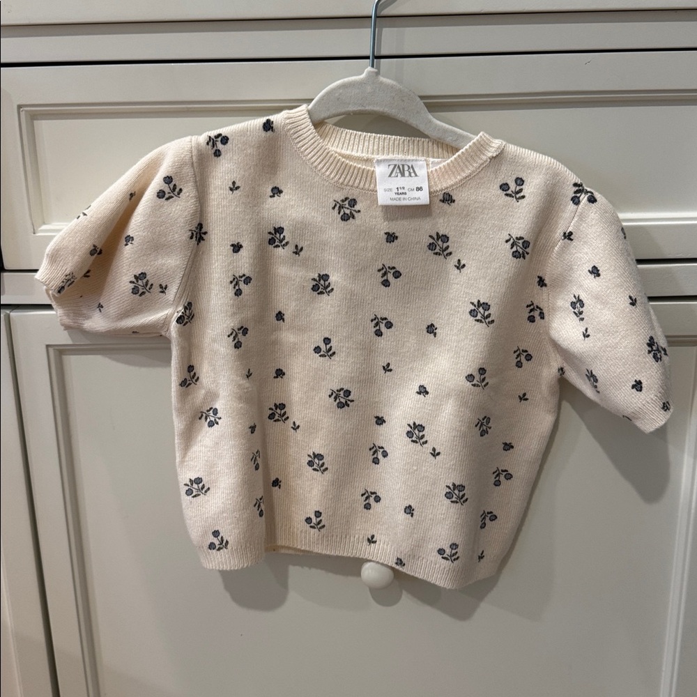 Zara Beige Knit Top with Black Floral Design